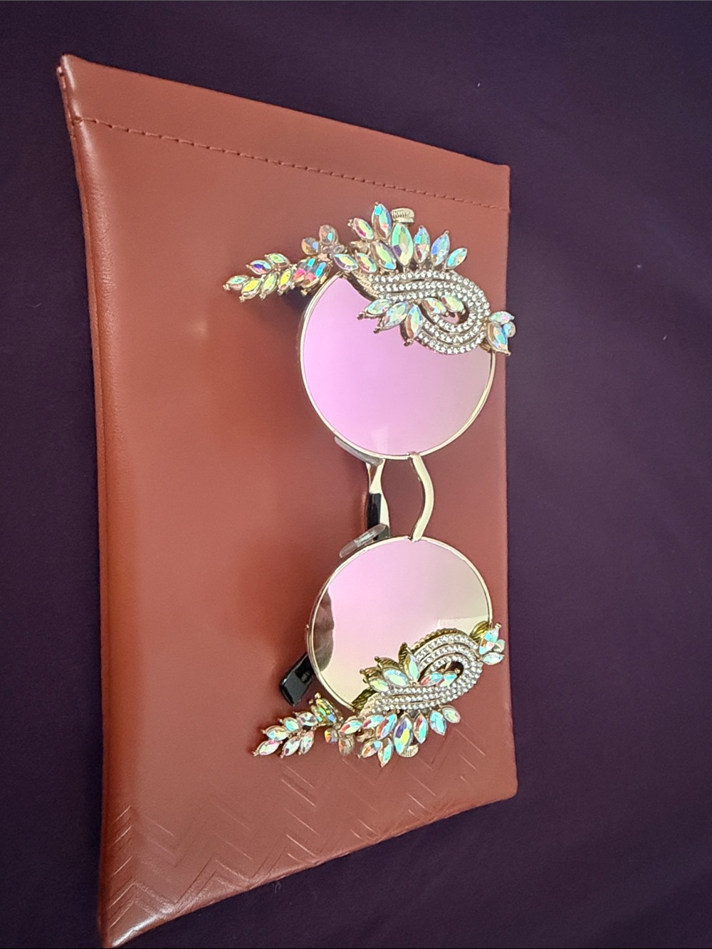 Meghan LA Pink Mirror Round Sunglasses with Gold Crystal Flourishes